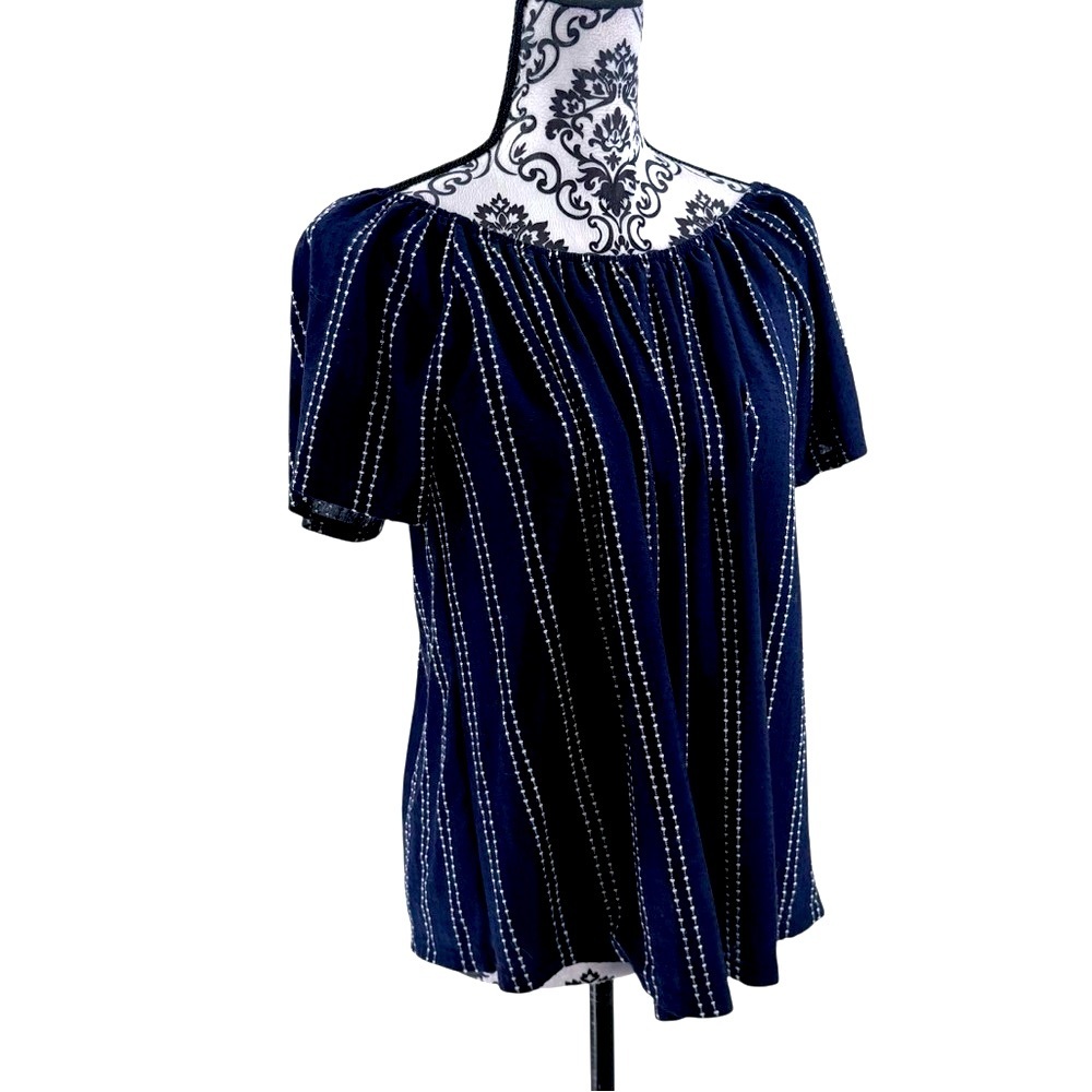 W5 Navy Blue & White Off-Shoulder Babydoll Peasant Boho Festival Blouse, L - Picture 3 of 12